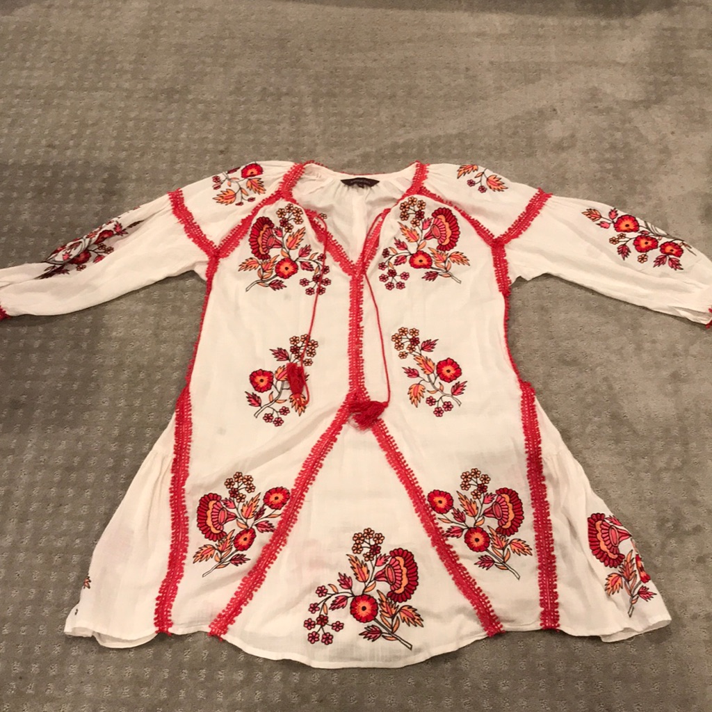 White Embroidered Floral Tunic Dress With Red Accents
